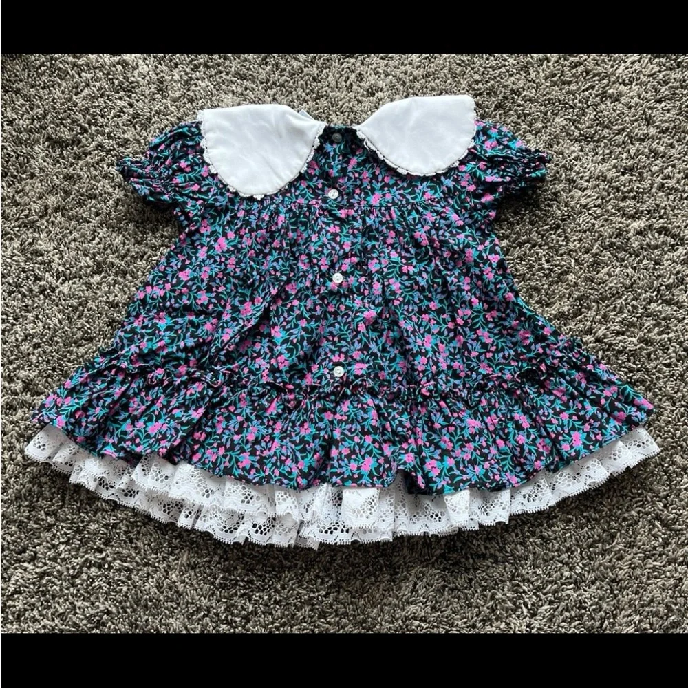 VINTAGE BRYAN Girls Floral Prairie Dress Lace Collar and Ruffle Hem 12 Months